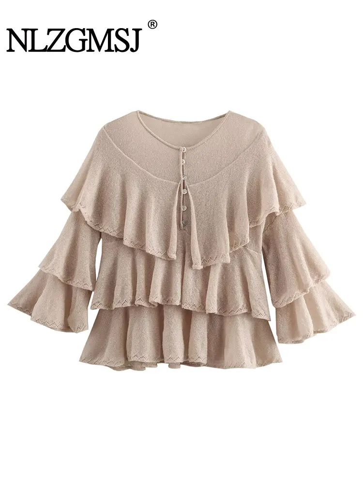 

NLZG 2025 Spring Women's Ruffled Short Tops Elegant Y2k Cropped Knitted Pullovers Fashion Casual Cute Long Sleeve Knitwear