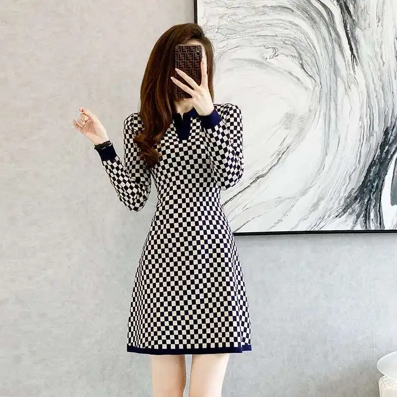 #0959 Spring Autumn Plaid Knitted Dress Women Polo Collar Office A-line Sweater Dress Sexy Office Short Dress Female High Waist