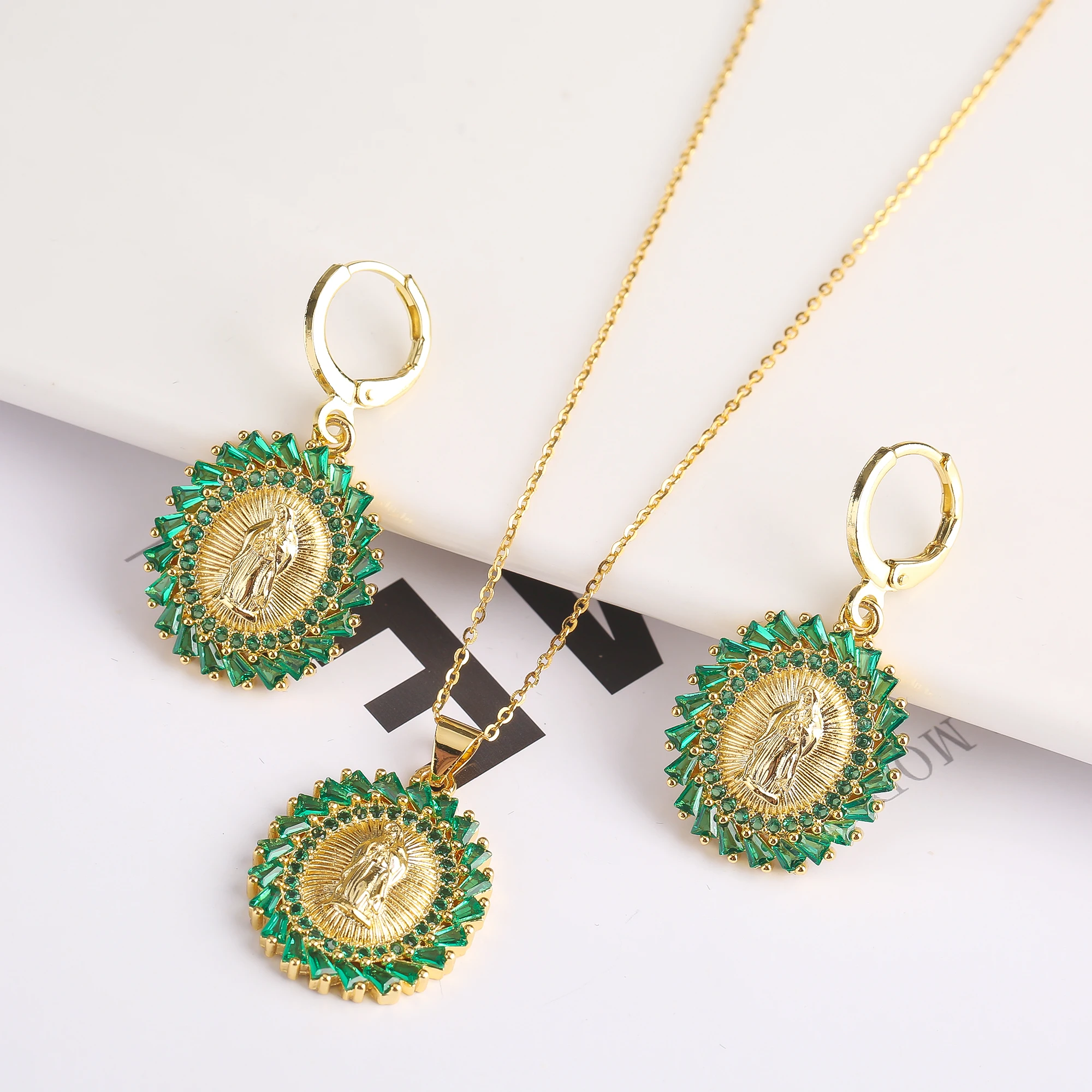 Zircon Colored Diamond Hot Selling High Quality 2PC Religious Buddhist Pendant Necklace Earrings Jewelry Set Women\'s Gold Plated