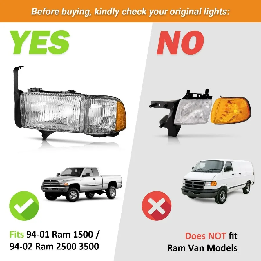 مجموعة المصابيح الأمامية لـ 1994-2001 دودج رام 1500 2500 3500 بيك اب، لـ 94-02 رام 2500 3500 مع علامة إشارة الانعطاف لوقوف السيارات الزاوية