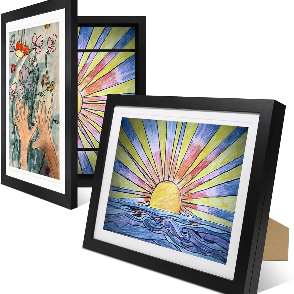Wood Based Art Frame for Displaying Drawings in 3D Style Compact Dimensions Allow Placement on Desk Shelf or Table