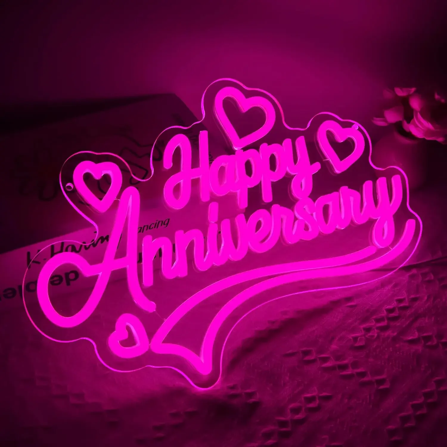 Happy Anniversary Neon Sign Heart Art Wall Light USB Powered LED Light for Girl's Room Wedding Birthday Party Bedroom Decoration