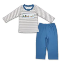 Wholesale Baby Boy Toddler Embroidery Ducks Pullover T-shirt Children Blue Cotton Pants Hunting Set Pajamas Kids Outfit