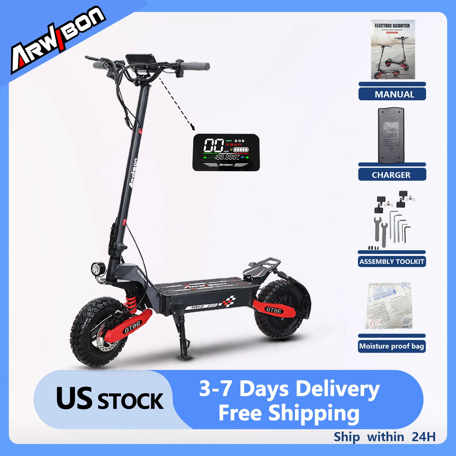 Arwibon GT06 1200W E-Scooter plegable para adultos - Velocidad máxima 30MPH, 48V 13AH/23.4AH, neumáticos todoterreno de 11" | Stock de EE. UU., directo de fábrica