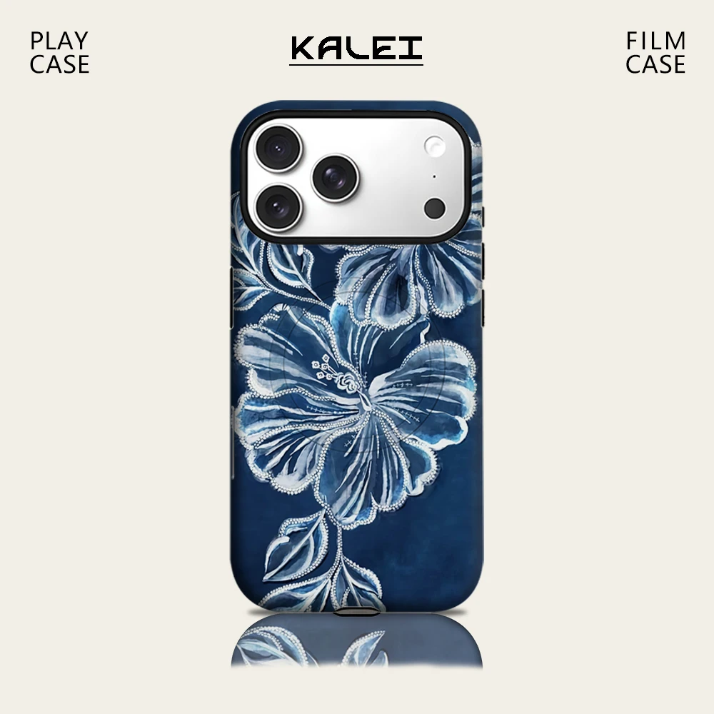 Marineblaue weiße Blumen-Handyhülle für iPhone 17 16 15 14 13 Pro Max Plus für magnetische einzelne doppelschichtige robuste Hülle
