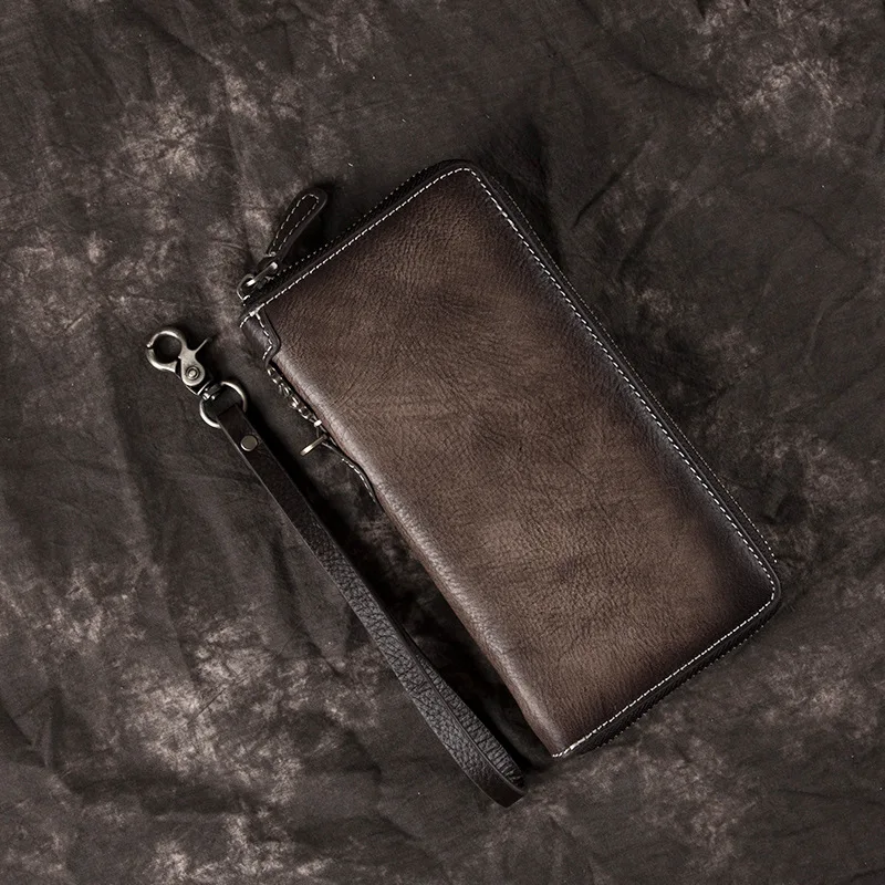 Retro Style Large Capacity Leather Wallet for Men Long Zipper Genuine Cowhide Handheld Business Simple Design Men's Purse