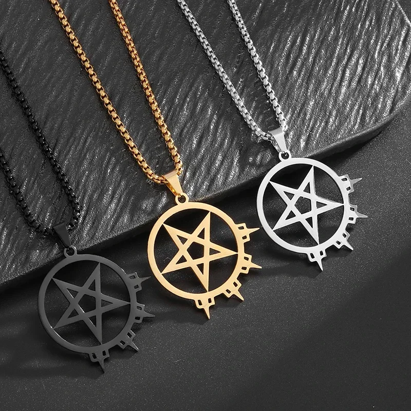 Stainless Steel Witchcraft Pentagram Necklace for Men and Women Fashion Charm Religious Amulet Lucky Gift