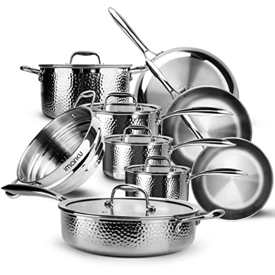 

14PCS Kitchen Cookware Set Tri-Ply Clad Stainless Steel Pots and Pans with Hangered Handles and Lids Suitable for Ceramic and I