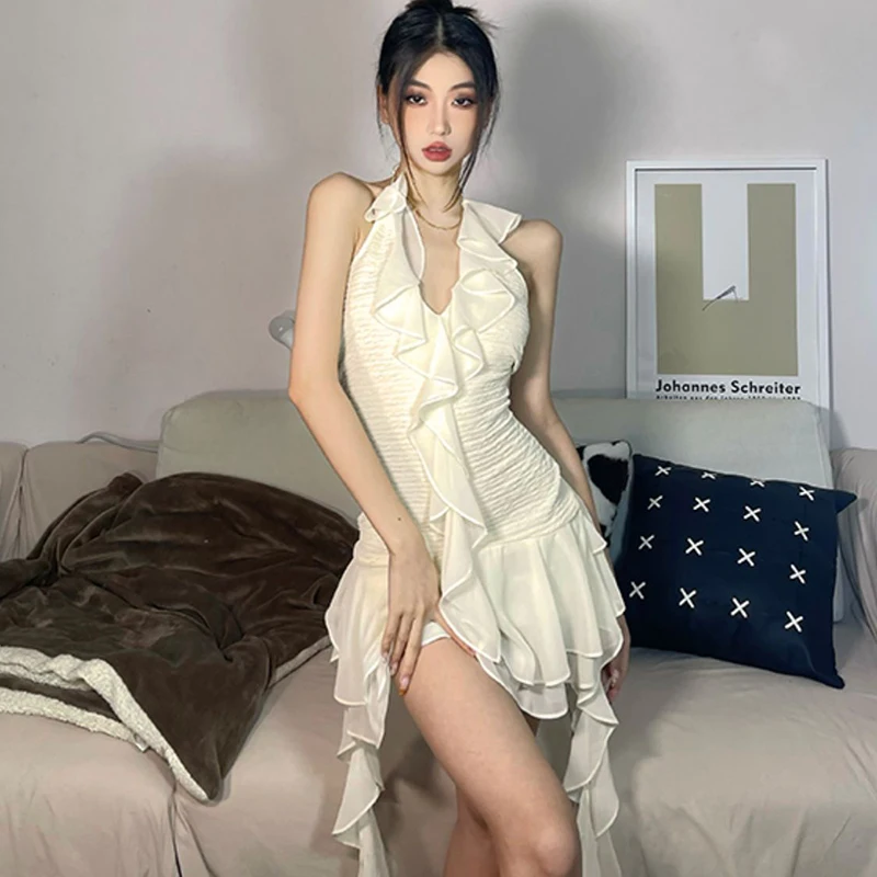 French Ruffles Folds Solid Women Dress Fashion High Waist A Line Ladies Mini Dress Summer Sexy Off Shoulder Female Vestidos