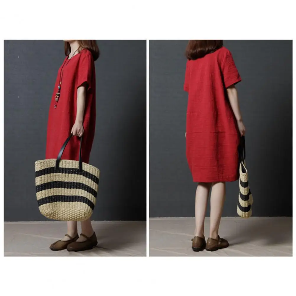 

Round Neck Summer Dress Stylish O Neck Knee Length Summer Dress with Side Pockets Comfy Midi Dress for Women Round Neck Short