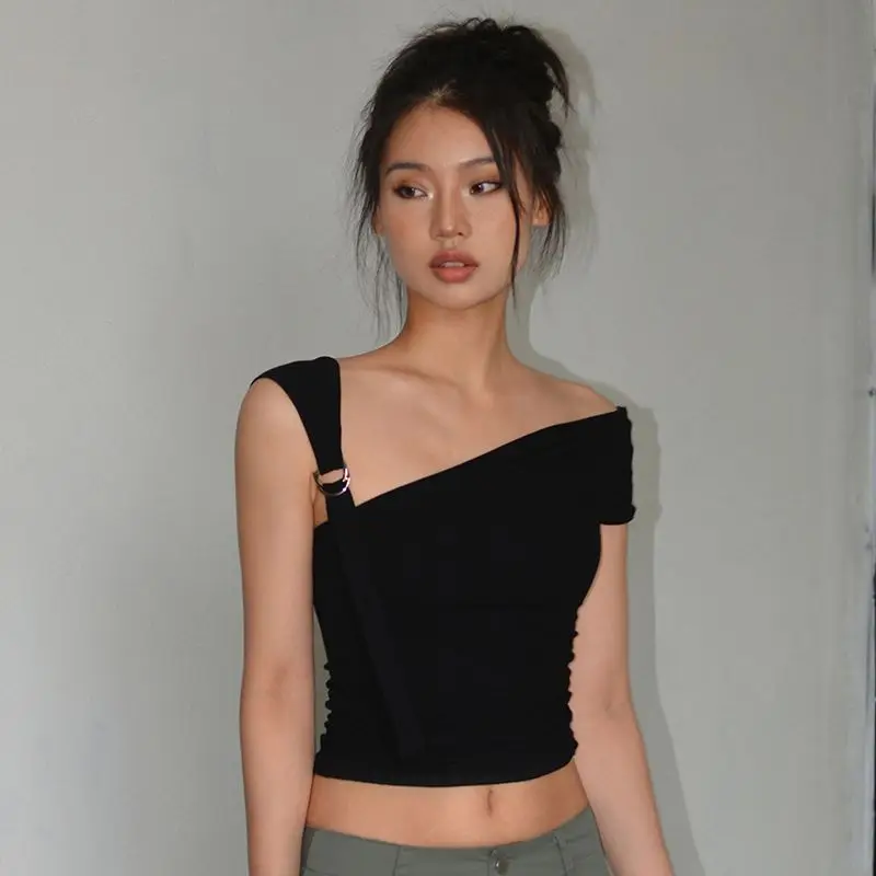 

Summer New Pure Desire Style Spice Girl Slanted Shoulder Slim Thin Short Cotton Short-sleeved T-shirt Women's Design Top Women's