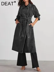 DEAT Moda Donna Denim Trench e Impermeabili Cintura Risvolto Maniche Lunghe Doppio Petto Tasche Sottile Giacca A Vento Inverno 2024 Nuovo 7AB2095