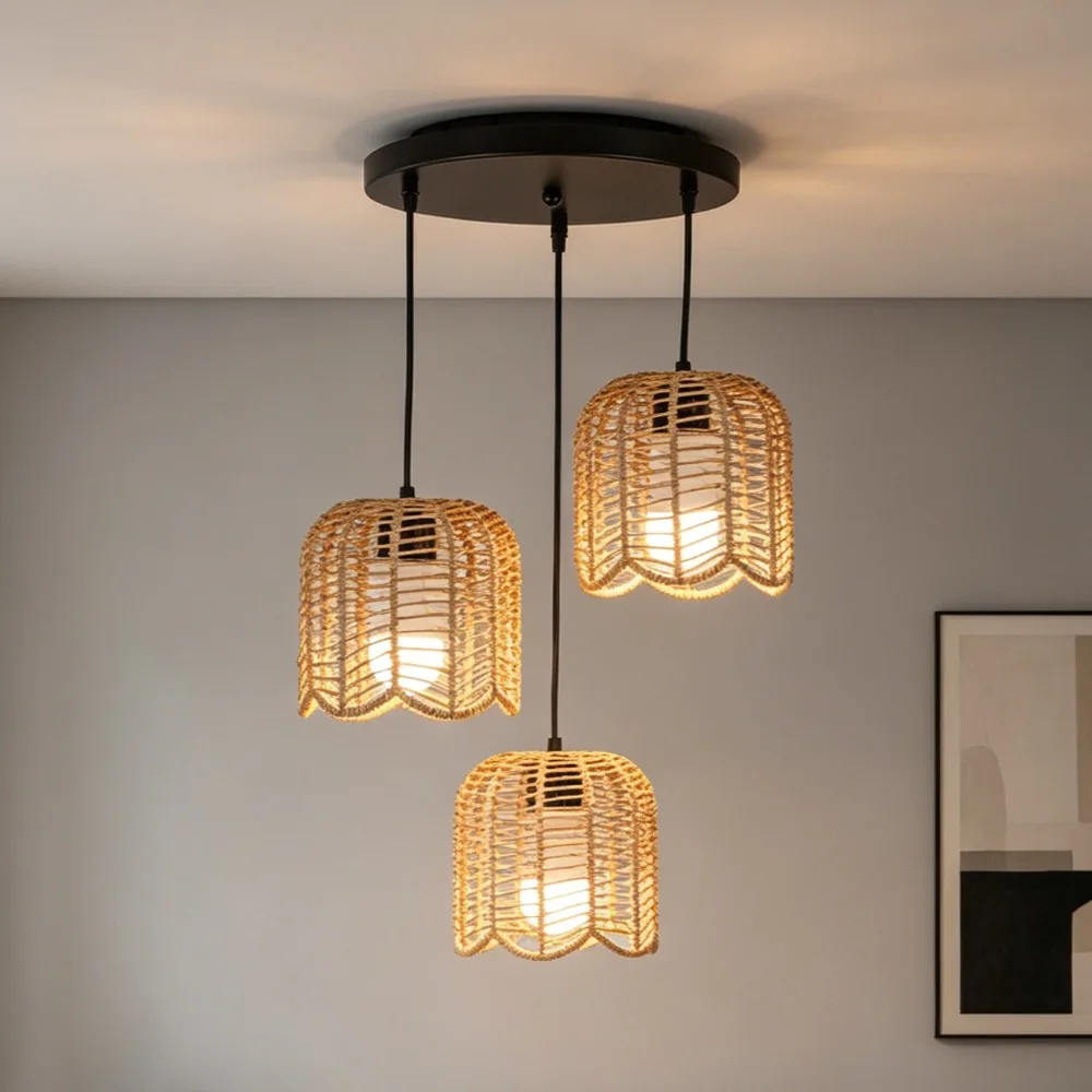3-Heads Boho Woven Chandelier E27 Rattan Pendant Lamps Vintage Farmhouse Rural Bedroom Living Room Home Decor Hanging Lighting