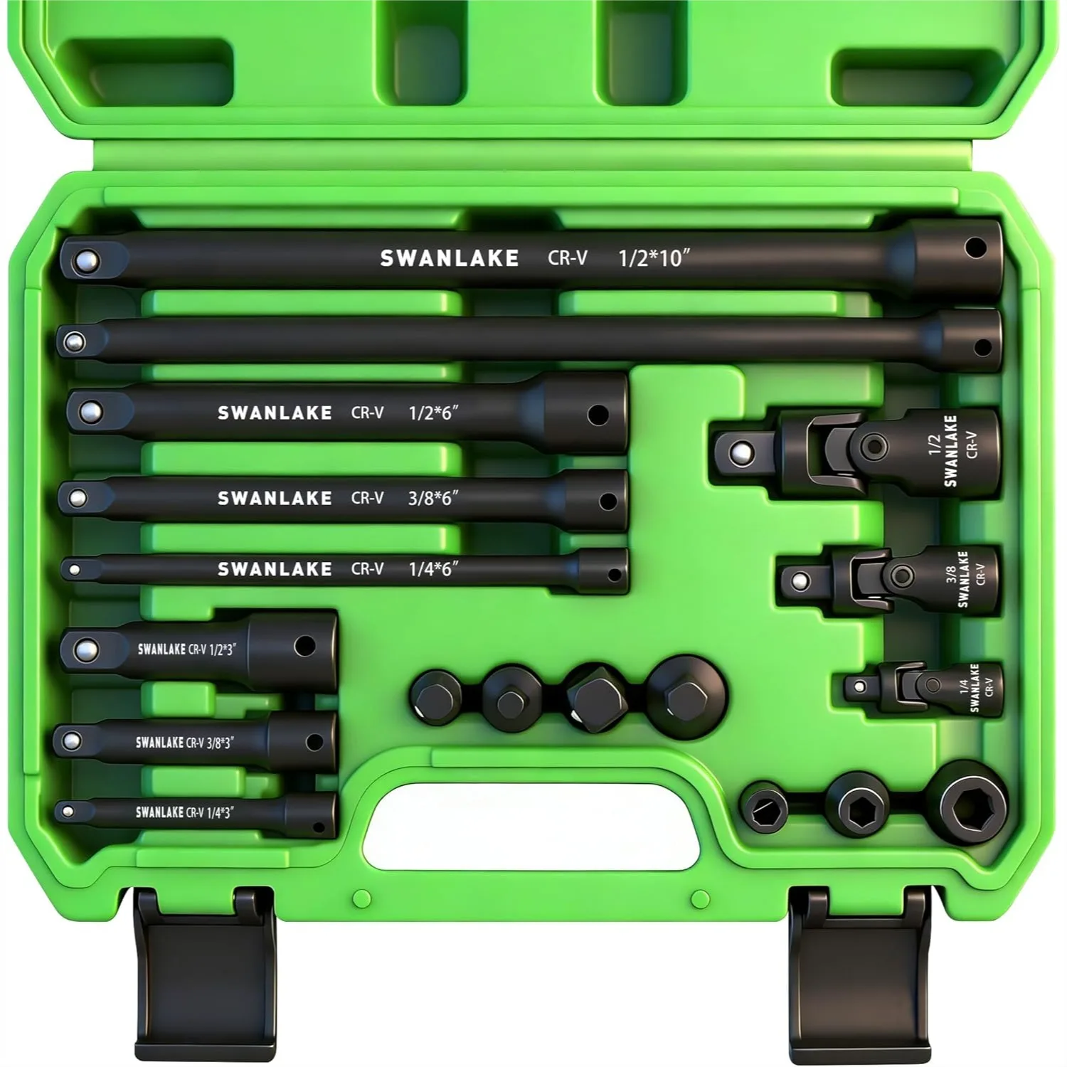

18-Piece Impact Socket Extension Set with Swivel Joint, Deep Sockets in 1/4", 3/8", and 1/2" Drives, CR-V Steel Alloy for