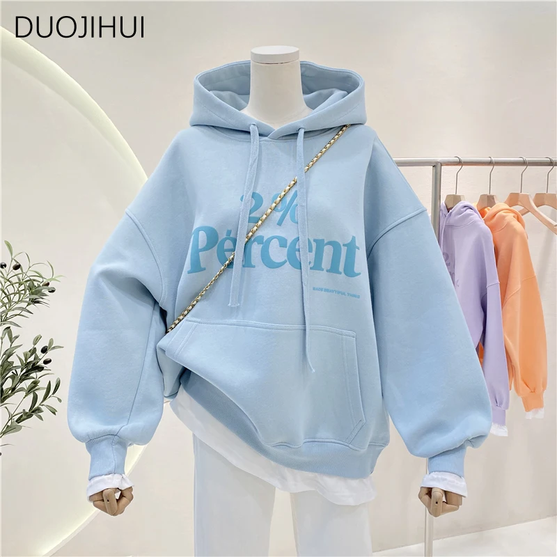 DUOJIHUI New Green Basic Hooded Chicly Drawstring Women Hoodies Spring Fake Two Piece Street Letter Printed Loose Female Hoodies