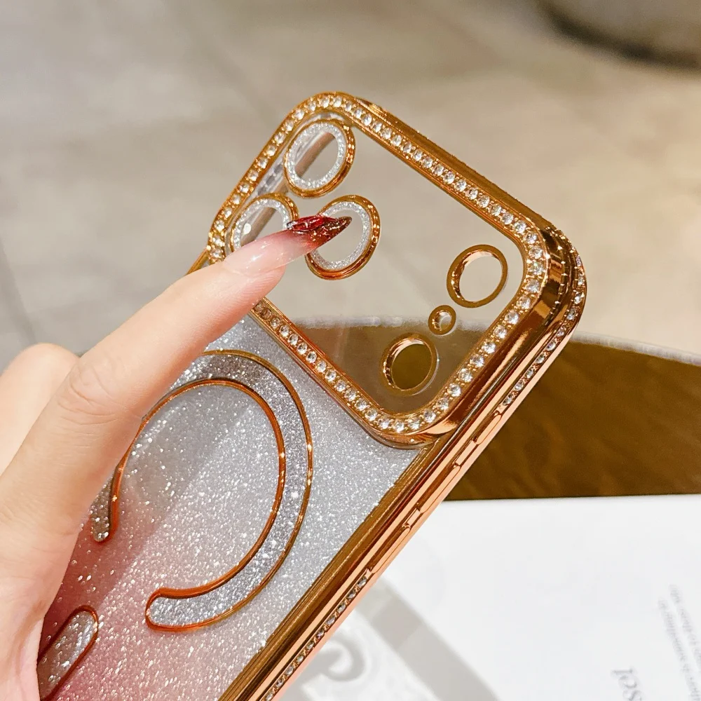 럭셔리 마그네틱 맥세이프 글리터 폰 케이스 아이폰 17 16 15 14 13 12 11 프로 맥스 에어 16 15 플러스 16e 클리어 도금 TPU 커버