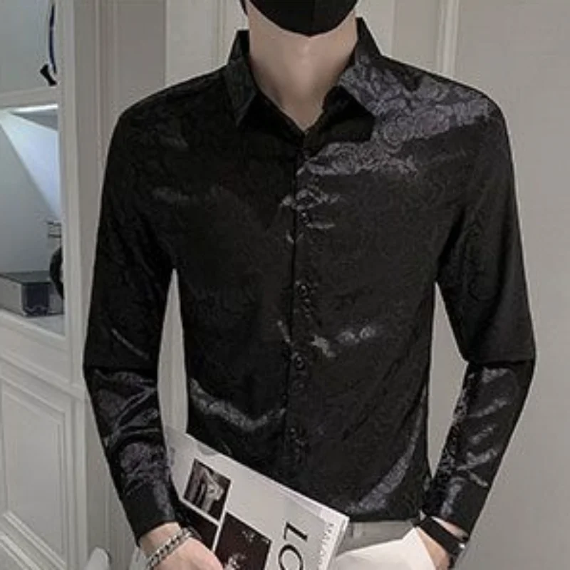 Dot Clothing Long Sleeve Shirts and Blouses for Men Floral Printed Man Tops Vintage Korean Style Cool Elegant Comfortable Silk