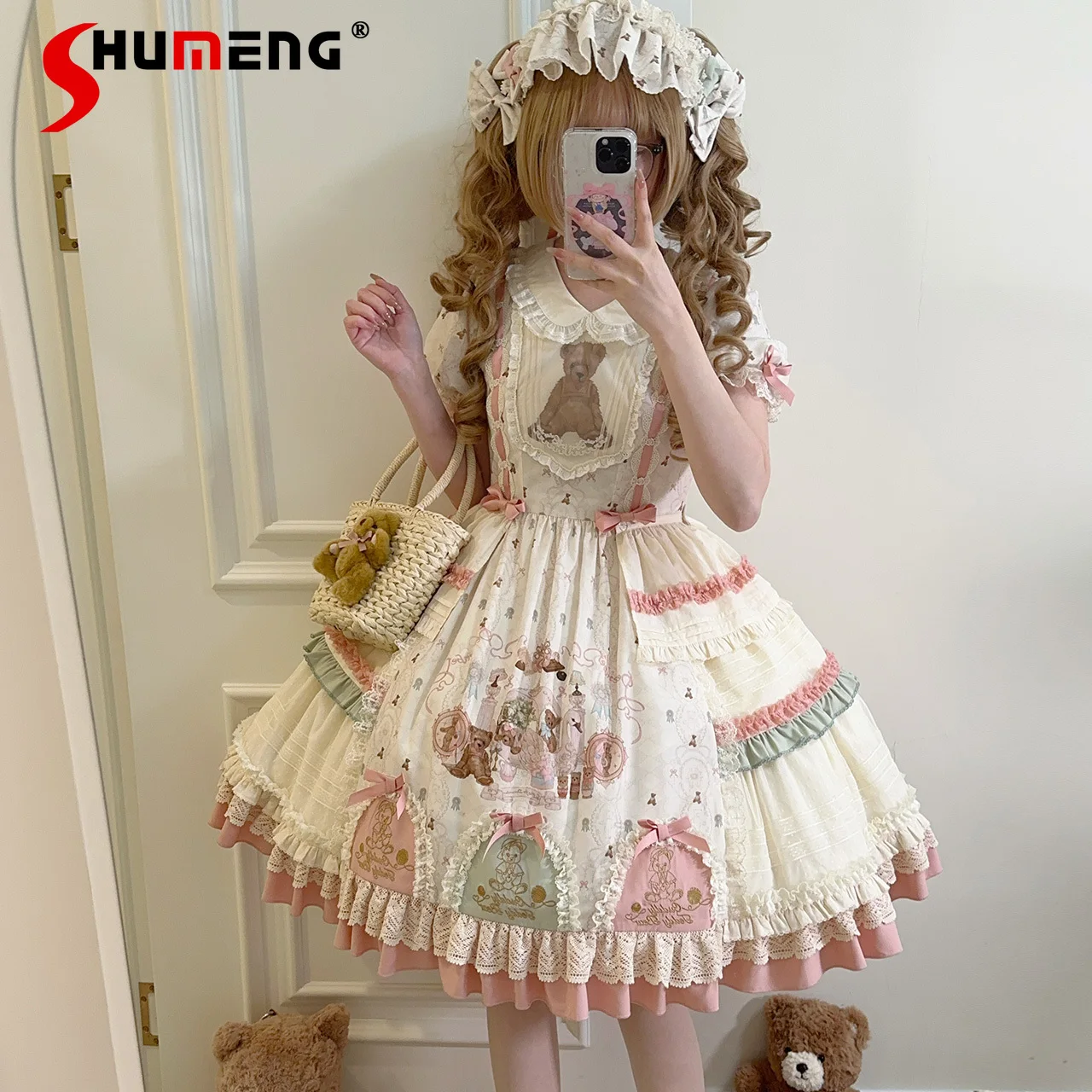 

Original Japanese Girl Sweet Lolita Short Sleeve Dress OP Women's Slim Bear Print Birthday Dress CLA Princess Tea Party Dress