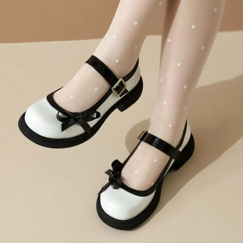 REAVE CAT Janes Girls Pumps Round Toe Block Heels Buckle Strap Bowknot Big Size 42 43 Sweet Daily Women Soft Shoes Spring