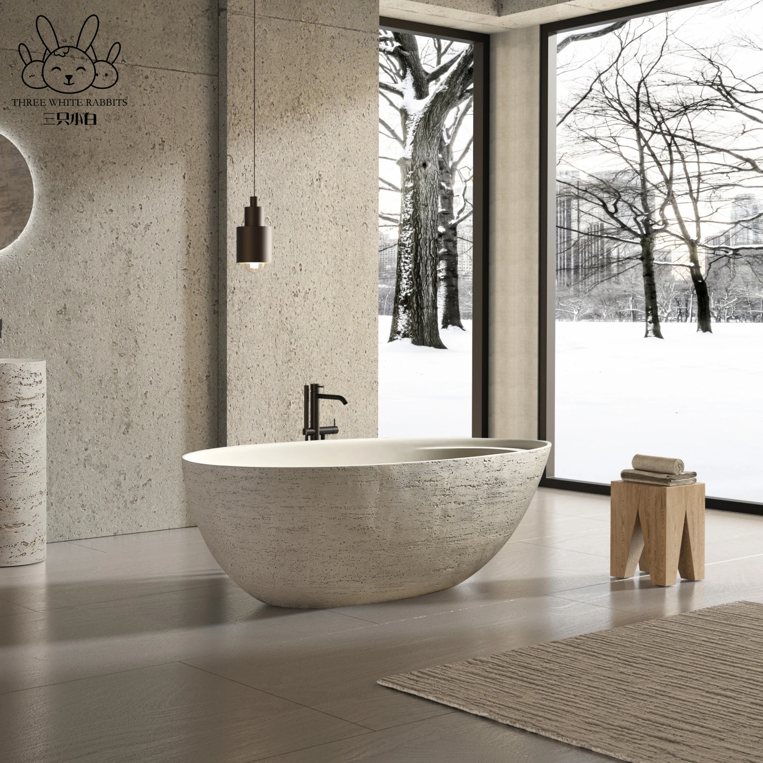 Natural Beige Roman Travertine Granules Homestay Villa Hotel Freestanding Double Adult Travertine Bathtub Bathtub