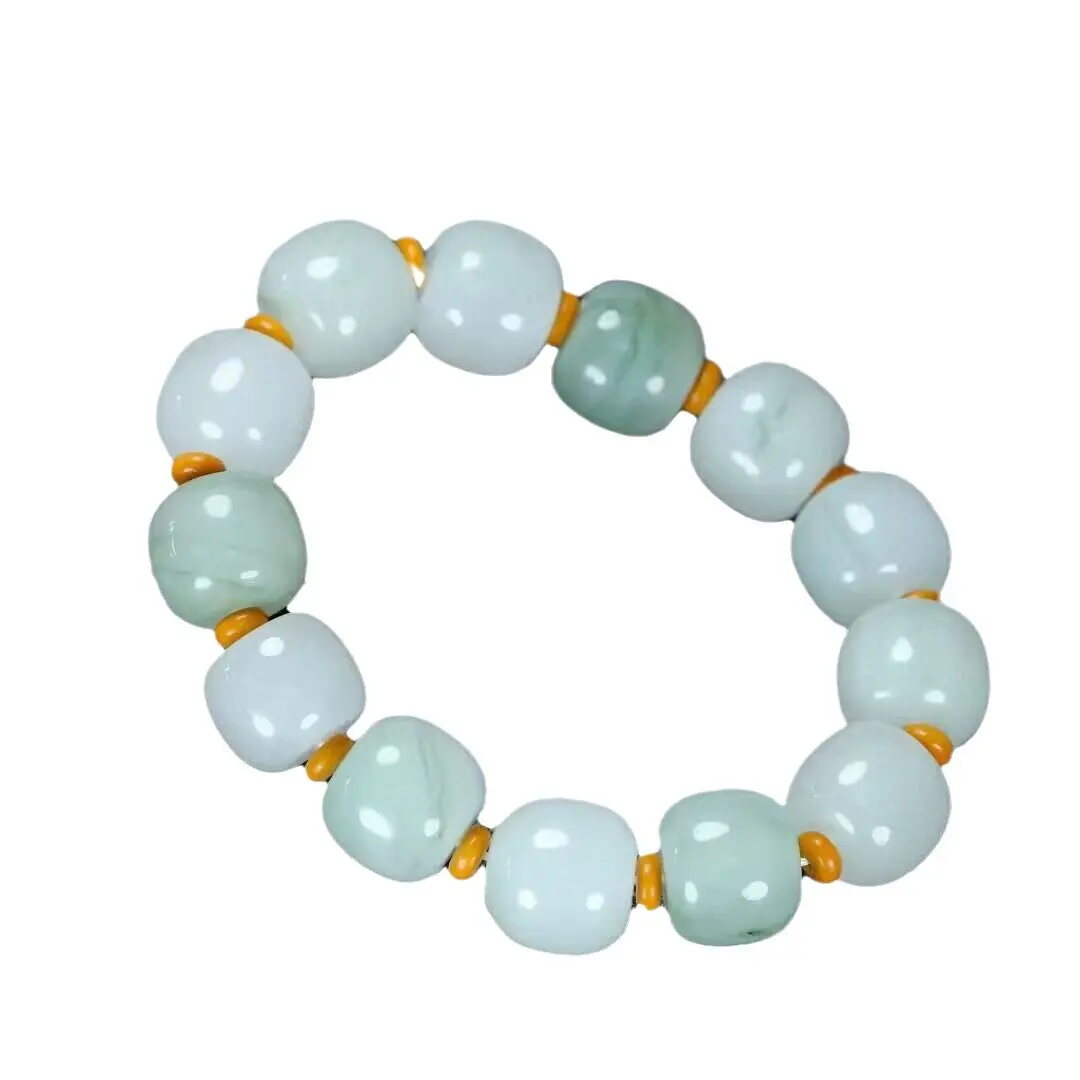 New Chinese Style Tianshan Green Gold Silk Jade Single Circle Bracelet Bamboo Bead Bracelet for Men Women Couples Gifts