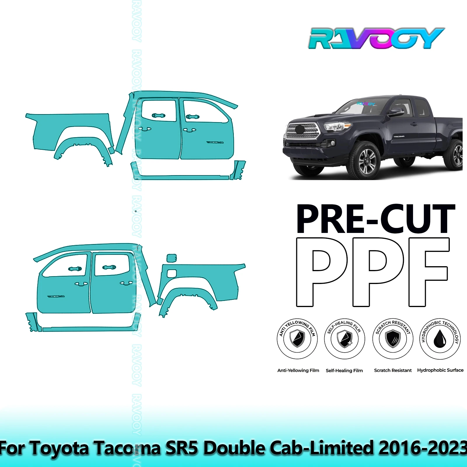 

For Toyota Tacoma SR5 Double Cab-Limited 2016-2023 8.5mil Pre-Cut PPF Door & A/B Pillar Kit TPU Paint Protection Film Set