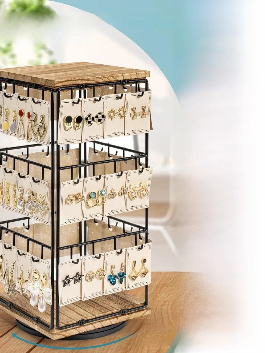 

Деревянная вращающаяся подставка для серег на 360 градусов с крючками, органайзер для колец и ювелирных украшений, модный держатель для хранения