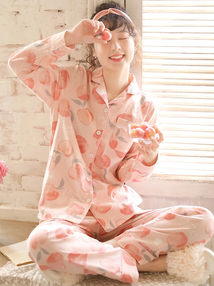 

New Long Sleeve Pajamas Set For Women Cotton Sleepwear 2Pcs Nightwear Cute Peach Print Homewear Autumn Lounge Pyjamas