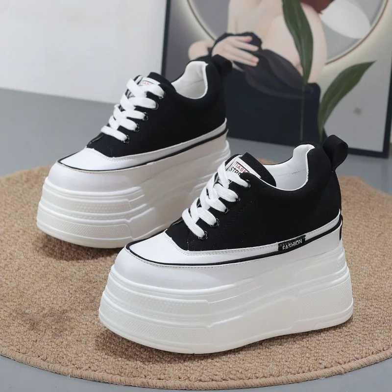 

New 12cm High Platform Shoes Women Autumn Chunky Sneakers Designer Thick Sole Leather Sports Shoes Breathable Sneakers Woman
