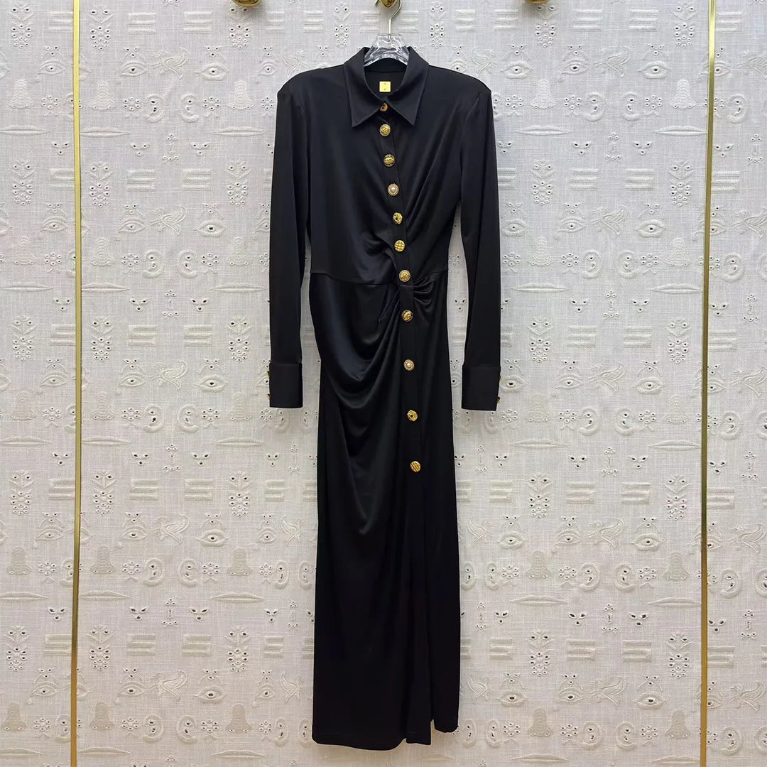 Robe longue en Satin et acétate pour femmes, élégante, couleur unie, revers, boutons dorés, décoration pliable, nouveauté, robes Vintage