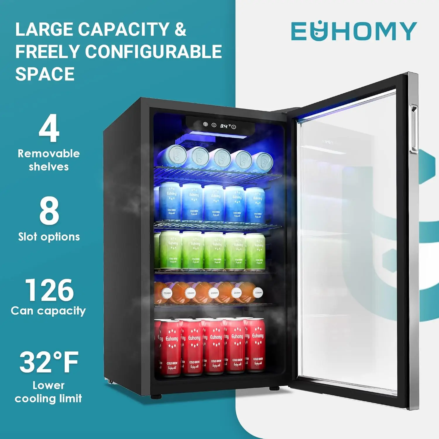 126 Can Mini fridge with Glass Door, Small Refrigerator with Adjustable Shelves for Sod