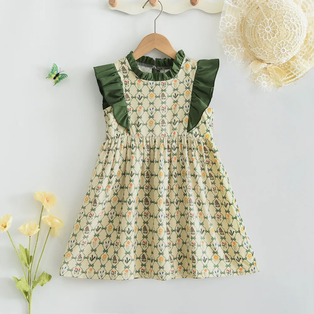 Bear Leader Summer Green Sweet Princess Dresses Kids Clothing Fashion Flower Cartoon Rabbits Flying Sleeves Casual Girls Clothes