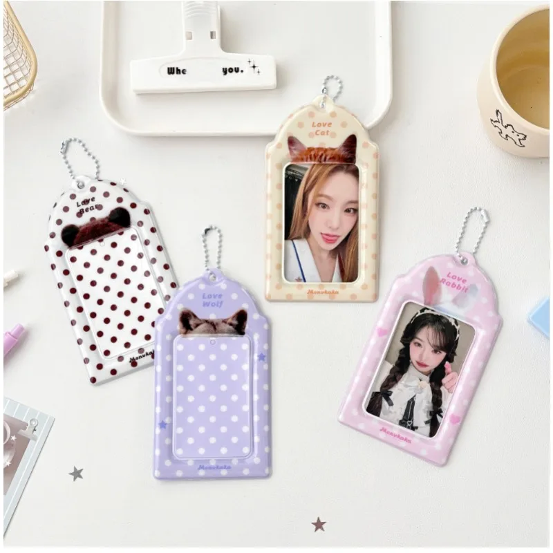 Kawaii Dot Pattern Cat Ear Card Holder Sleeves Student Bus ID Card Case Portable Keychain Card Protector case