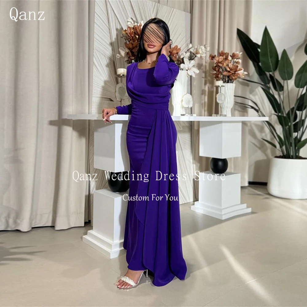 

Qanz Purple Dubai Evening Dresses Soft Satin Vintage Long Sleeves Formal Occasion Dresses Mermaid Arabische Abendkleider