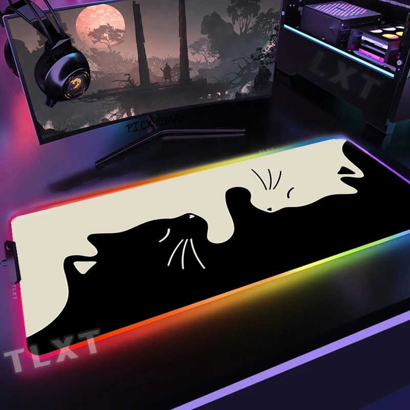 Cat LED Gaming Mousepads Cute Large Backlight Desk Mat Gamer Mousepad RGB Mouse Pad Luminous Deskpads Kawaii Laptop Mouse Mat