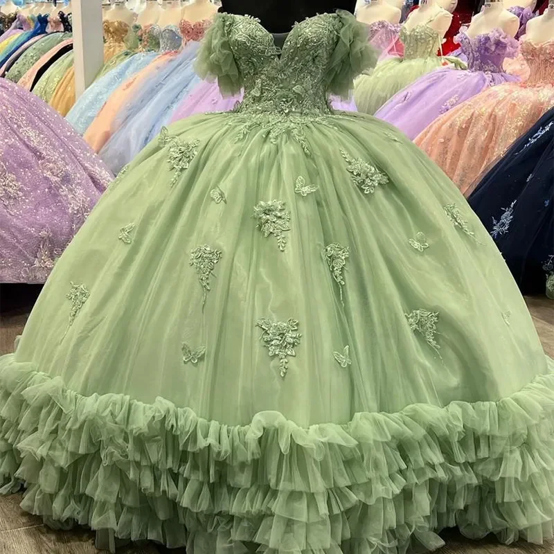 Real Picture Sage Green Quinceanera Dresses Ball Gown Lace Applique Puffy Skirt Sweet 15 16 Girl Birthday Party Dress Vestido14