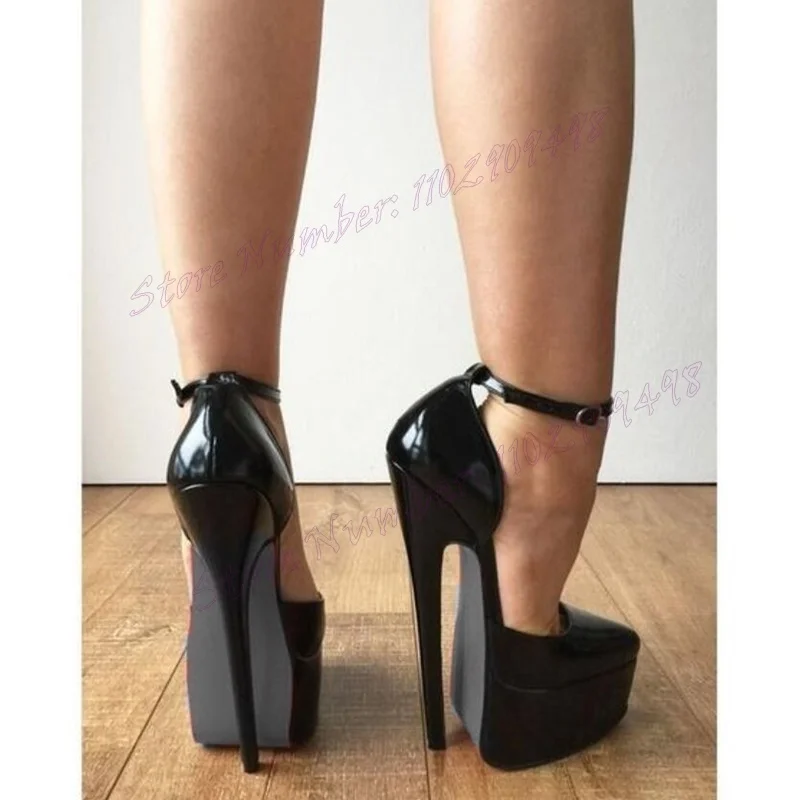 

Black Pointed Toe Platform Pumps Ankle Strap Patent Leather Shoes for Women Stilettos High Heels Shoes 2024 Zapatos Para Mujere