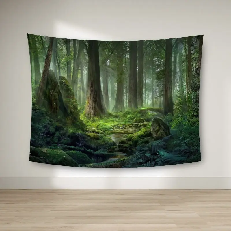 VIKAMA Misty Stream Forest Tapestry Wall Hanging for Living Room Bedroom Tea Room Wall Art Natural Boho Home Decor