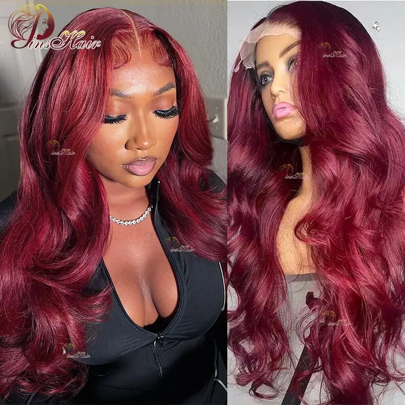 99J Burgundy 13x6 180Density Lace Frontal Wigs PrePlucked Remy Human Hair Body Wave 13x4 Transparent Lace Front Wig For Women