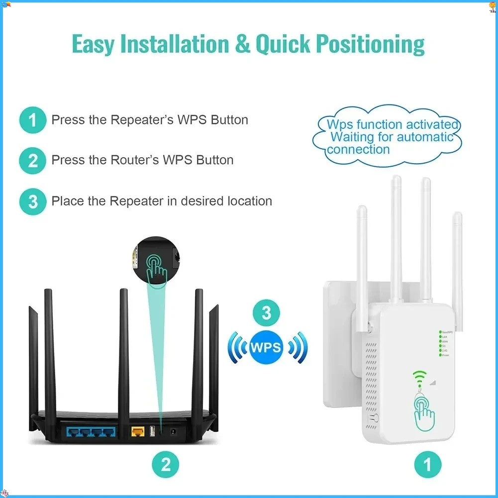 WPS راوتر 1200Mbps مكرر واي فاي لاسلكي 802.11ac جيجابت واي فاي مكبر للصوت واي فاي محسن إشارة ثنائي النطاق 2.4G 5G موسع واي فاي