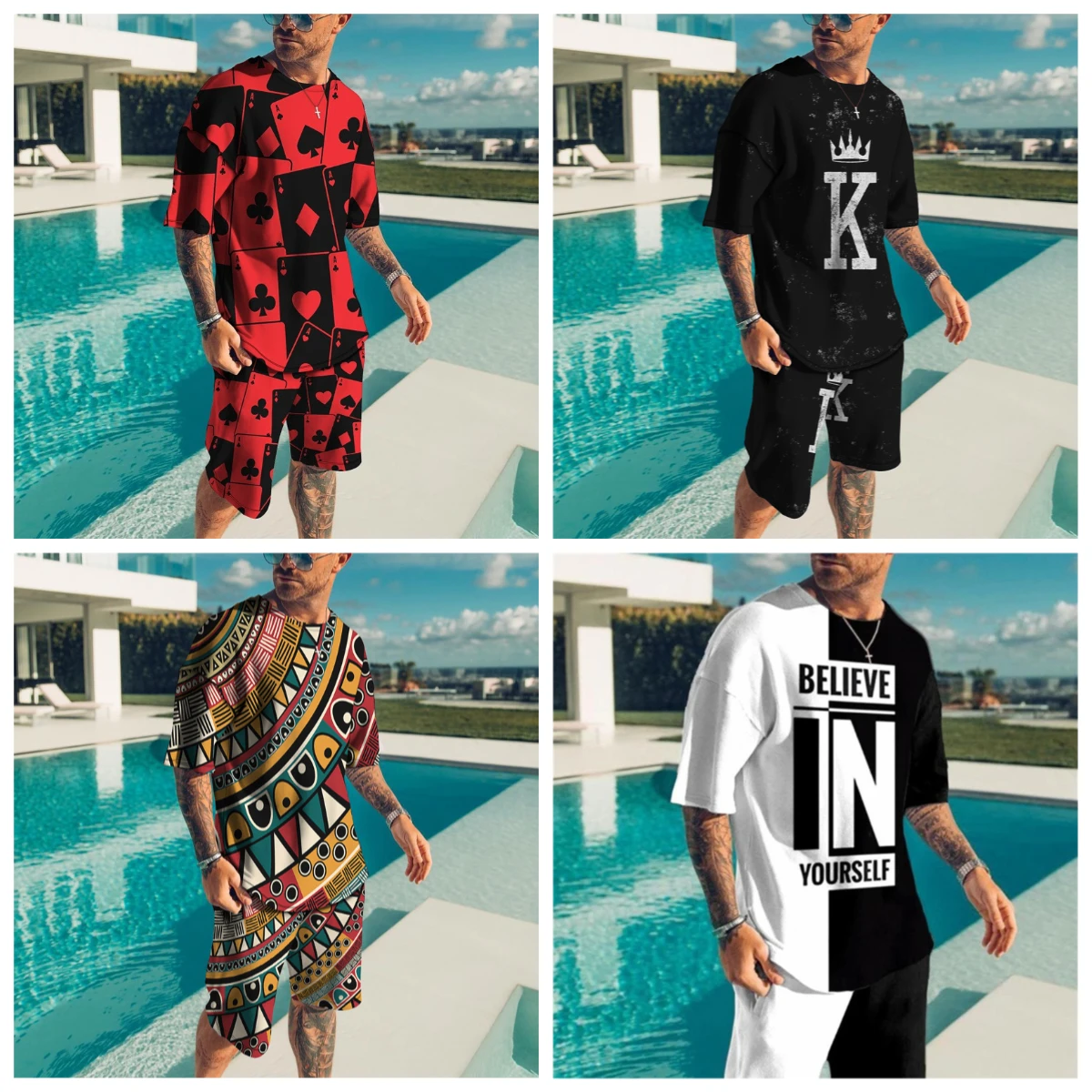 

Summer Men's Hot-selling Fashion Casual 3D Printing Men's Suit Breathable Quick-drying Comfortable Men's Crew Neck T-shirt Set
