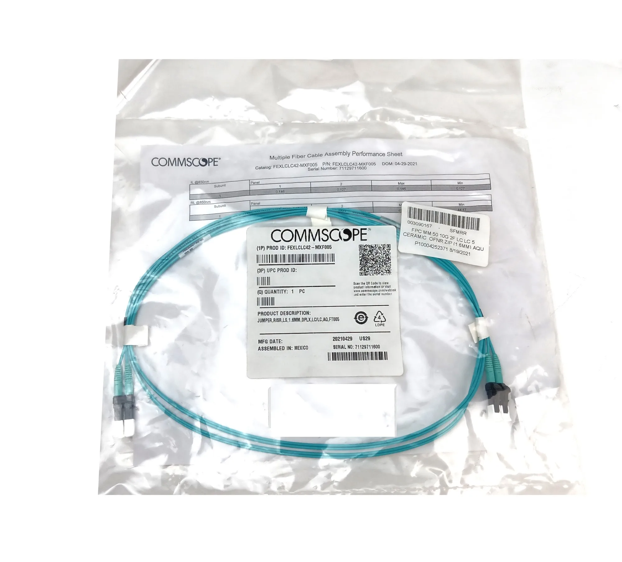 

CommScope FEXLCLC42-MXF005 5-футовый оптоволоконный патч-кабель LazrSPEED 550 OM4 — 2 оптоволокна — LC — дуплекс — подъемник — Aqua