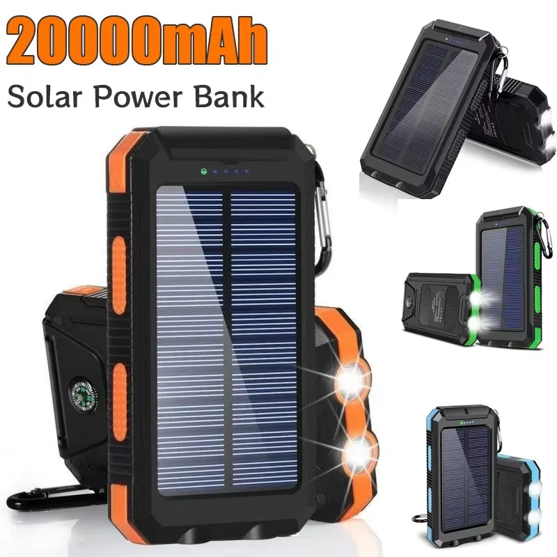 20000mAh Solar Power Bank Outdoor Portable Charger with Compass Carabiner USB External Battery for Camping and Mobile Devices