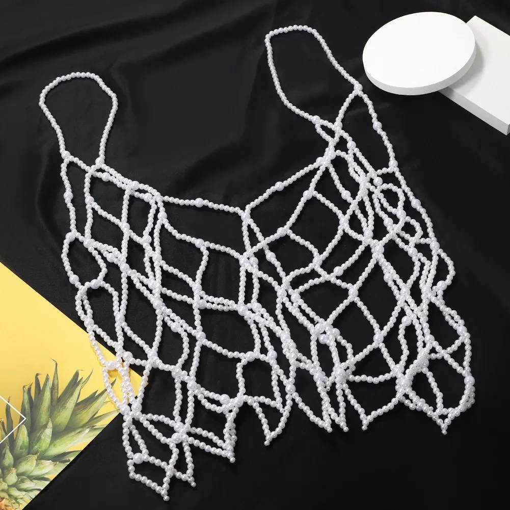 Dvacaman Handmade Braided Hollow Out Chest Chain Faux Pearls/ Faux Crystal Beads Body Chain Decor Lingerie Decoration Chain