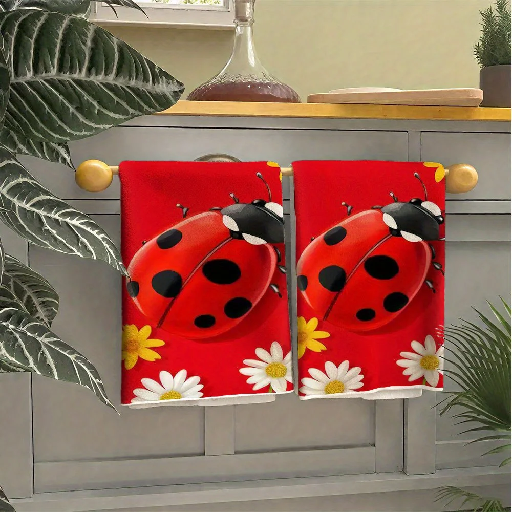 2-Piece ladybug and daisy pattern towel set with red background