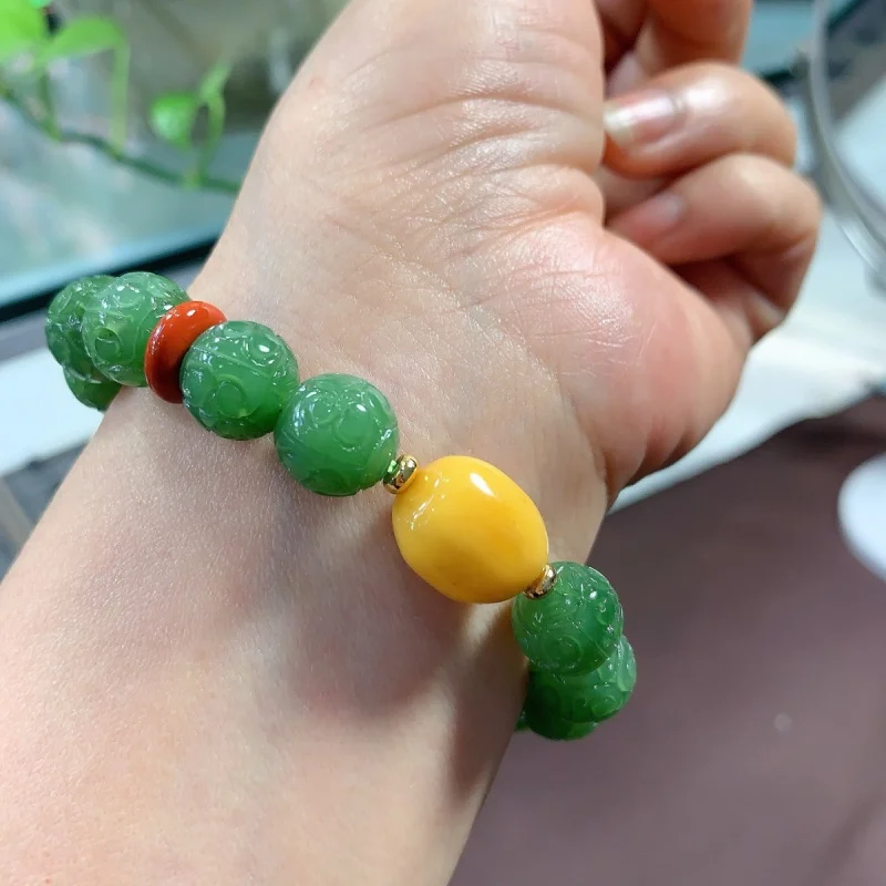 Natural Hetian Jade Russian Jasper Pattern Beads Lucky Bracelet Exquisite Amber Accessories