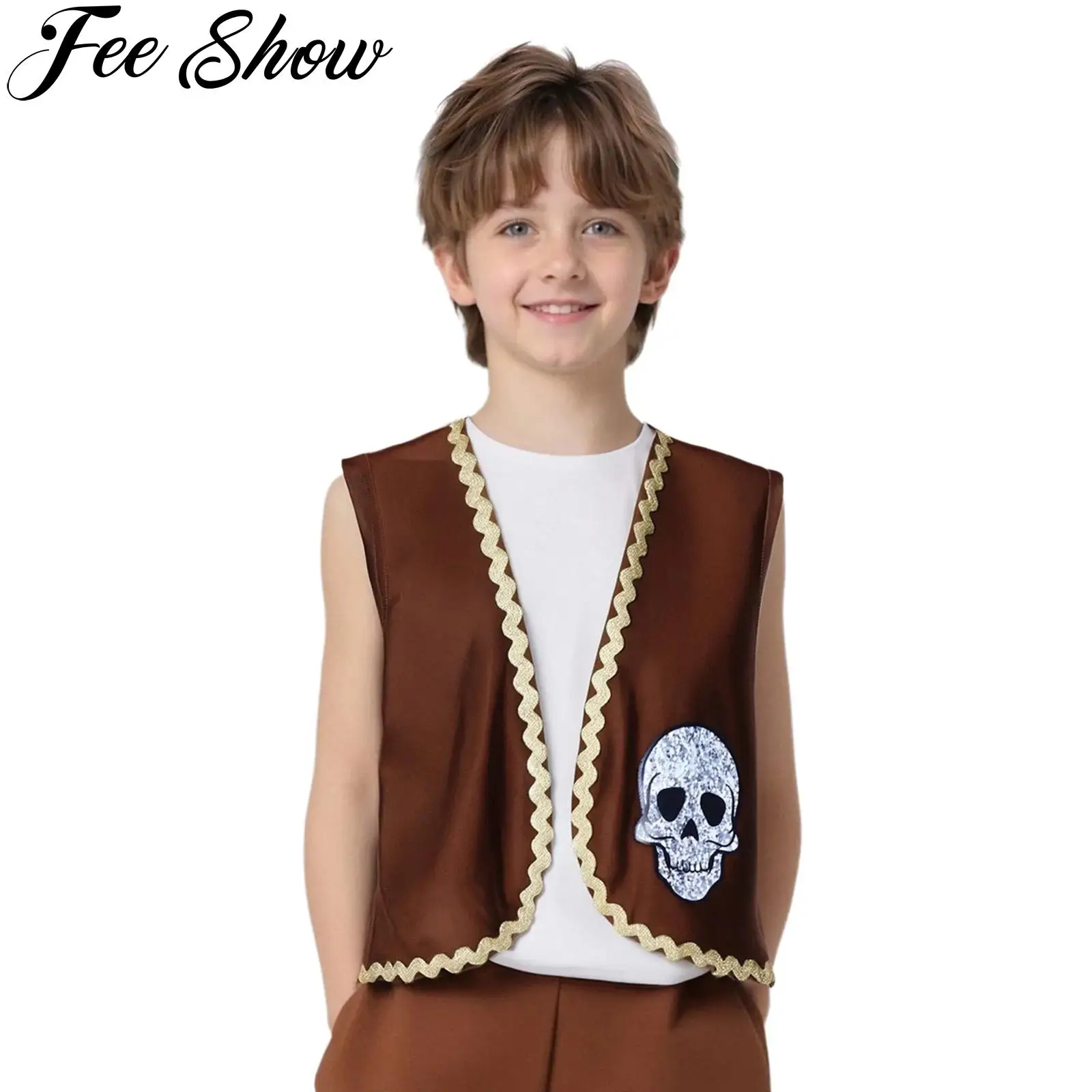 

Kids Medieval Renaissance Pirate Captain Viking Cosplay Costume Halloween Theme Party Role Play Waistcoat Skull Bones Print Vest