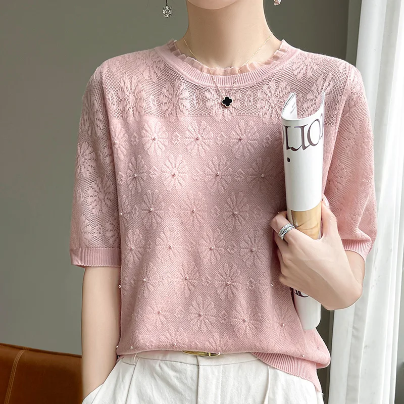 Summer New Solid Color Knitted Sweater Short sleeved Women's Casual O-Neck Pullover T-shirt Loose Korean Fashion Women's Top