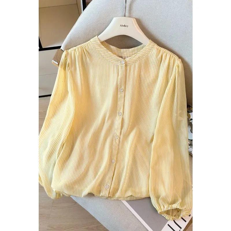 

Women's Gentle Yellow Vertical Stripe Sun Protection Blouse Elegant Thin Outerwear Shirt For Mothers In Spring And Summer