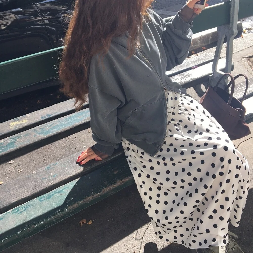 チ � ngqing Dongda Gate ヴィンテージ カジュアル 水玉模様 ウエストゴム ミドル丈 スカート 韓国風 スプリング 秋 冬